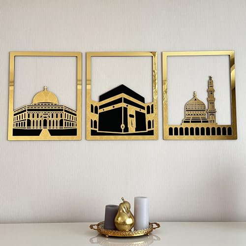 iwa concept Masjid Al Aqsa, Kaaba & Masjid An-Nabawi Islamische Wandkunst aus Holz, gesegnete Orte, islamische Wanddekoration, Geschenk für Muslime im Ramadan Eid (Medium, Gold | alle drei)