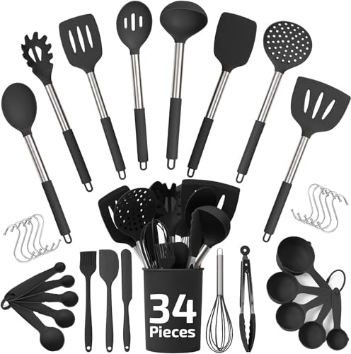 Culinary Couture 24-Piece Black Stainless Steel & Silicone Cooking Utensil Set, Heat-Resistant Cooking Utensils, Non-Scratching Kitchen Cooking Utensils, Includes a Bonus Recipe E-Book