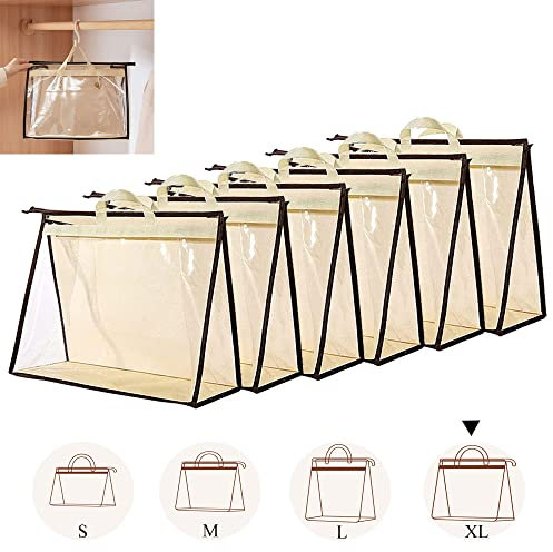 6PCS Dust Bags for Handbags Clear Purse Storage Organizer Non-Woven Hanging Bag Closet with Zipper and Handle (XL Cream Color) (Cream)