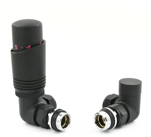 Hot Flow Lot de 2 valves thermostatiques modernes en cascade texturée noire avec corps TRV d'angle et un bouclier de verrouillage. Pour un contrôle rapide et facile de la température. Parfait pour