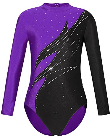 iEFiEL Mädchen Metallic Turnanzug Langarm Gymnastikanzug Tanzbody Leotard mit Strass Glänzende Ballett Trikot Turnkleidung Tanzkostüm Wc Violett 122-128