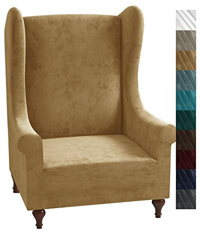 XINEAGE 1 x Samt-Bezug für Flügelrückenstuhl, dehnbar, rutschfest, Möbelschutz mit Schaumstoffstangen für Wohnzimmer (Flügelstuhl, Kamel)