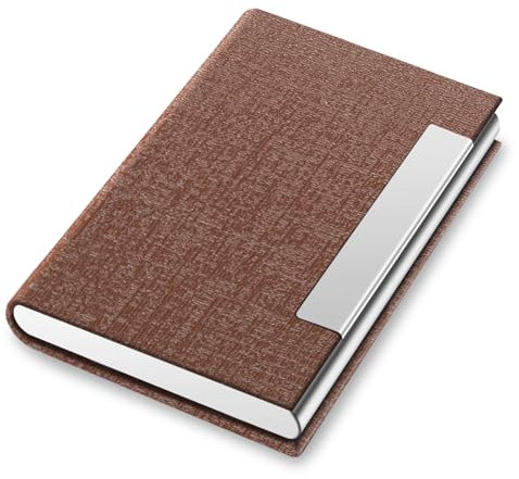 BcxPeef Supporto per biglietti da visita in acciaio inox PU Supporto per carte in metallo, Caffè, orizzontale