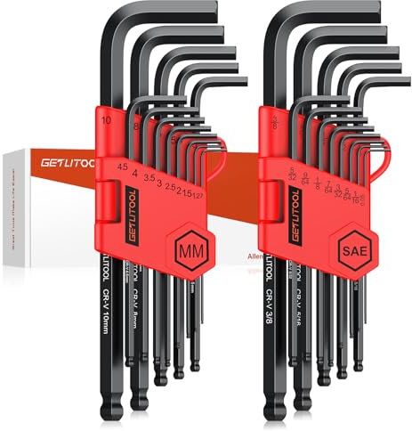GETLITOOL 26PCS Clés Allen Métriques Inch SAE à Extrémité Sphérique 6150 Cr-V avec Marquage de Taille et Support de Rangement pour Réparation de Vélo Assemblage de Meubles