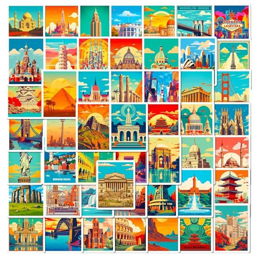 Travel Stickers|Around the world, world-famous buildings, luggage, mugs, skateboards, car, bike stickers,Laptop Decals -50PCS (Country)