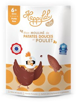 Happylal Baby Repas Halal Bébé 6 mois | Mouliné de Patates Douces et Poulet | Petits pots Certifiés Halal | Diversification alimentaire bébé | Fabriqué en France | Lot 10 x 150g