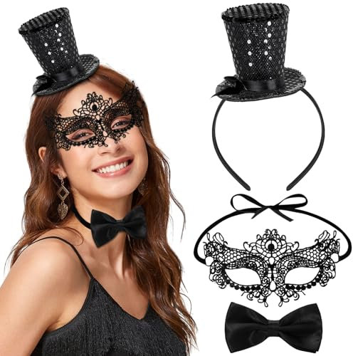 Shinybox Mini Top Hut Haarreif Set, 3 Stücke Hut Haarreif mit Schwarz Fliege und Spitze Maske, Schwarz Zylinder Hut Haarreif, Kostüm Party Hut für Karneval, Abschlussball, Helloween