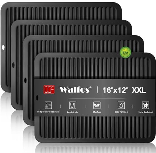 Walfos XXL Silicone Trivets 16x12 Inch, 4 Pack, Black, Rectangular