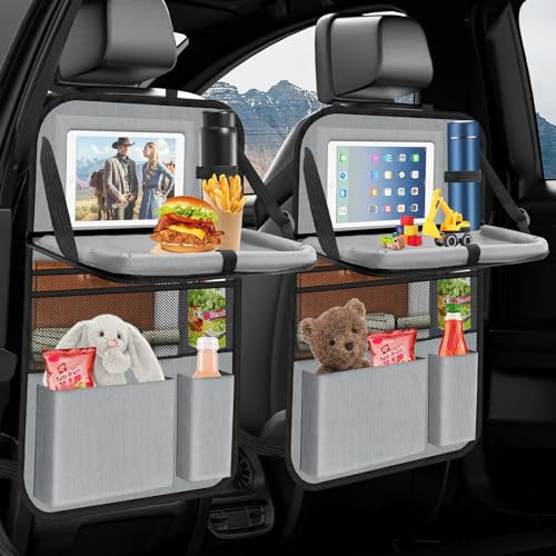 Oneyus Auto Organizer, 2 Stück Autositz Organizer Große Rückenlehnenschutz Auto Kinder Multifunktional Wasserdicht Rücksitz Organizer mit Klapptisch,Tablet Tasche und Viele Taschen-Grau Schwarz