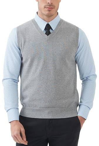 Kallspin Herren V-Ausschnitt Gestrickt Ärmellos Weste 100% Baumwolle Pullunder Relaxed Fit Pullover (Hellgrau, M)