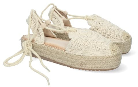 shoes&blues.es 84112 Alpargatas de Encaje con Cordones Ajustables para Mujer, Elegantes y Comodas, Diseno con Estilo Veraniego, Punta Cerrada. Beige Talla 39