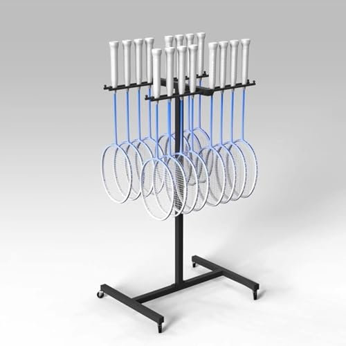 Badminton Racquet Storage Stand, Tennis Racket Storage Rack with Lockable Wheels, Can Hold 12-18 Rackets, Suitable for Garage/Gym/School