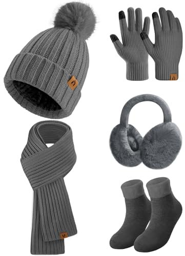 heekpek Mütze Schal Handschuhe Ohrenschützer und Socken Set Damen 5 Stücke Warme Wintermütze Winterschal Strick Winterzubehör Winterset 5 in 1, Dunkelgrau