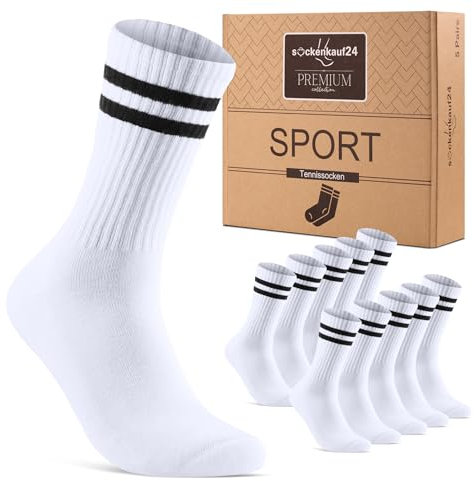 sockenkauf24 Socken Damen Sportsocken Weiß 35-38 Tennissocken Gepolstert Atmungsaktive Baumwolle 5 Paar Retro Crew-Socken