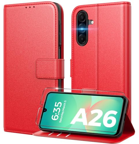 Peakally Coque pour Samsung Galaxy A26 5G[ Verre Trempé Protection *1 ] [ Blocage du Signal RFID ] [ Premium PU ] [ Pochette de Portefeuille ] Etui à Rabat pour Samsung Galaxy A26-Rouge