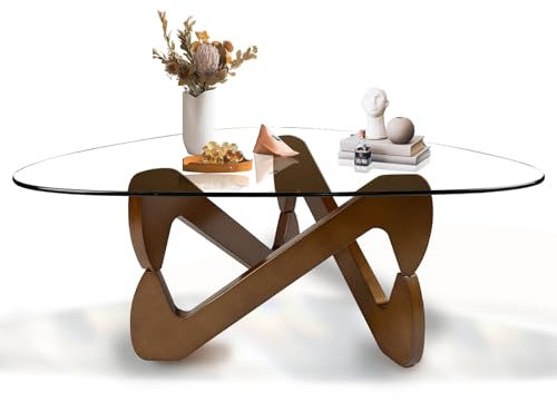 GESEILAY Table Basse Verre Moderne Transparente Salon en Noir Bois Base Triangle Vintage Verre Trempé (Noyer Transparent, 82)