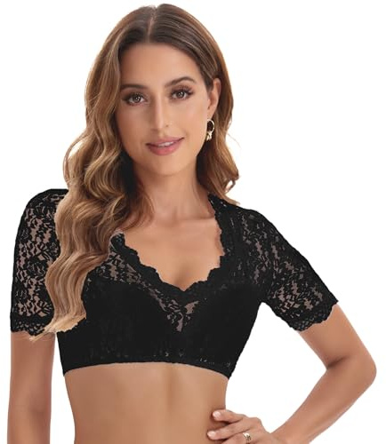 Adisno Chemisier Dirndl pour Femme, Chemisier en Dentelle, Chemisier Dirndl, avec col en V élégant et Dentelle Sexy, Noir (FR/ES, Numérique, 38, Taille Normale, Taille Normale, Noir)