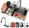 DSMRLEOP Fregadero cascada de 1 Cubeta, Multifuncional Fregadero de cocina, juego de Fregadero de Acero Inoxidable doméstico, fregadero fregadero negro con sifón, rebosadero y desagüe así como otros a