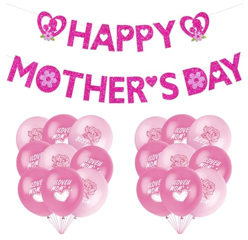 Muttertags-Dekorationsset – Happy Mothers Day-Banner & 20 Luftballons mit Aufschrift Best Mom I Love Mom, Muttertags-Party-Dekorationen, glitzerndes rosa Banner, Blumenballons,