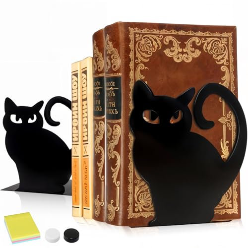 DARUITE Serre Livre, 1 Paire de Serre-Livres Chat Noir, Cale Livre en Métal Antidérapant et Décoratifs, Idéaux pour la Maison, Le Bureau, l'école ou la Bibliothèque