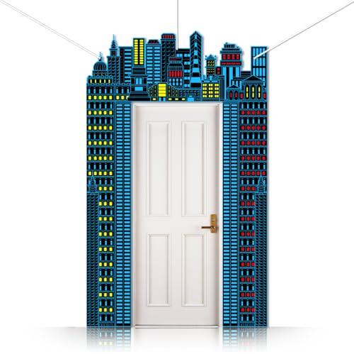 CUTHOLLOW Hero Party Decorations 3 Pcs Porch Sign Banner, City Silhouette Super Theme Hero Birthday Decorations Hanging Door Banner - Super Fun Hero Party Baby Shower Photo Backdrop Supplies