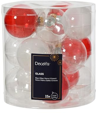Weihnachtskugeln Glas 6cm 15 Stück - matt & glänzend & transparent - Christbaumkugeln Weihnachtsbaumkugeln für Weihnachten - Christbaumschmuck & Weihnachtsbaumschmuck - Rot Weiß transparent Mix