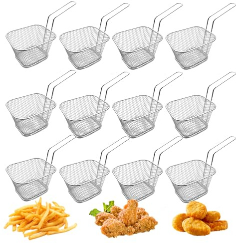 12 Stück Pommes Körbchen, Edelstahl Frittierkorb Klein, Mini Servierkörbchen mit Griff, Pommes Frites Korb, Pommesgitter Frittierkörbchen zum Topf für Pommes Garnelen Frites (Silber)
