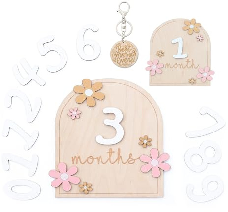 MSLSOZ Baby Monthly Milestone Cards Set, Wooden Photo Props with Floral Design, Double-Sided Cards with Stand & Keyring & Stickers, 0-12 Months Baby Photography Keepsake Gift