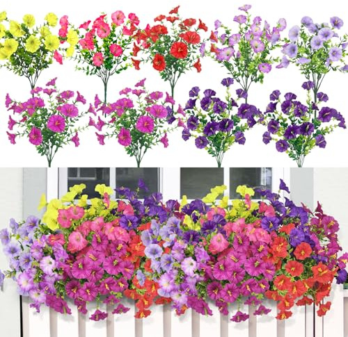 SHEPIN 9 Bündel Kunstblumen für Draußen, Künstliche Blumen Outdoor Wetterfest Balkonpflanzen Petunien Balkonblumen Seidenblumen Wie Echt Kunstpflanze (Lila, Rot, Rosa, Gelb)