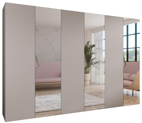 MEBLE KRYSPOL - Kleiderschrank - Garderobenschrank - 300 cm x 202 x 52 cm - Schrank mit Kleiderstange und Spiegel, 6 Türen - für Schlafzimmer, Flur - SANDI, Kaschmir, Griff Kaschmir