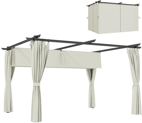 Outsunny Pergola 3 x 3 m avec Auvent Rétractable et Rideaux, Tonnelle Extérieure UPF30+ pour Jardin, Patio, Terrasse, Crème