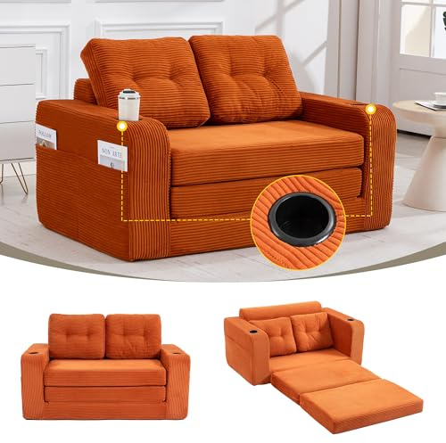 kowdom Sofa 2-Sitzer Cord Orange – Rahmenloses modulares Sitzsack-Sofa, Gesteppte Kissen, Getränkehalter, Seitentaschen, Boneless Couch