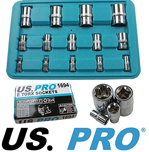 US PRO 14pc E Torx Sockets 1/4-3/8-1/2 dr E4 - E24 1694