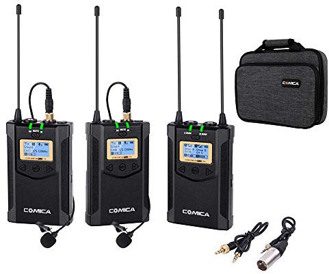 Système de Microphone Lavalier sans Fil Professionnel, Comica CVM-WM100 Plus UHF 16 canaux Microphone sans Fil avec 2 émetteurs et 1 récepteur pour caméscopes et Smartphones Canon Nikon Sony, etc.