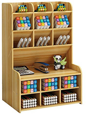 Wooden Desk Organizer, Large Capacity DIY Pen Holder Storage Box Desktop Stationary Storage Rack, Pen Organizer Caddies for Office, Home and School Supplies (B15-Cherry Color)