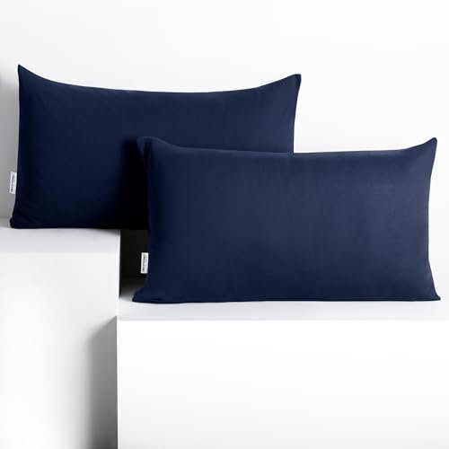 DecoKing 2 Kissenbezüge 50x60 cm Jersey 100% gekämmte Baumwolle Reißverschluss dunkelblau Amber