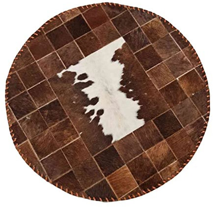 Runder Kuhfell Patchwork Teppich | Natur Premium Teppich | Vorleger Wohnzimmer | Designer Deko Teppich | Rindsleder Teppich Patchwork | Tapis Patchwork Rond en Peau de Vache