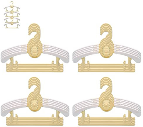 Perchas Infantiles, JSF Juego de 20 Perchas Apilables con Ganchos de Osito, Antideslizantes, Ajustable 29-37CM para Ropa Infantil, Ropa de Bebé, Ahorro de Espacio (Amarillo+ Blanco)