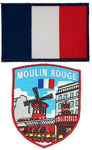 A-ONE Moulin Rouge bestickter Aufnäher + Flagge Frankreichs, buntes Abzeichen, historische Städtedekoration, Emblem für Jeans, Jacken, Hemden, selbstklebend, Nr. 242C, 2 Stück