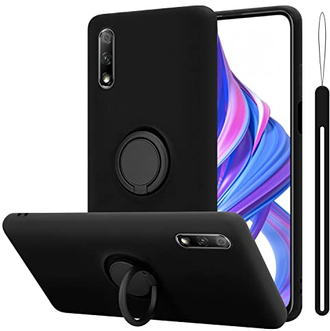 Cadorabo Hülle kompatibel mit Honor 9X Schutzhülle TPU Silikon Case Liquid Design mit Ring Slim Kratzfest Liquidsilikon Microfaser mit Rundumschutz Case Hülle für Honor 9X in Schwarz