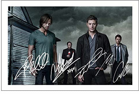 Jensen Ackles, Misha Collins, Mark Sheppard und Jared Padalecki signierter Fotodruck, 30,5 x 20,3 cm, vorgedruckte Signatur Supernatural Autogrammgeschenk