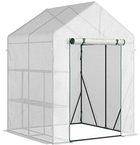 Outsunny Serre de Jardin PE avec étagères 2 Niveaux, Serre de Balcon, bâche renforcée 140 g/m², châssis en Acier, Porte zippée Enroulable, pour légumes Plantes Fleurs, 143x143x195cm, Blanc