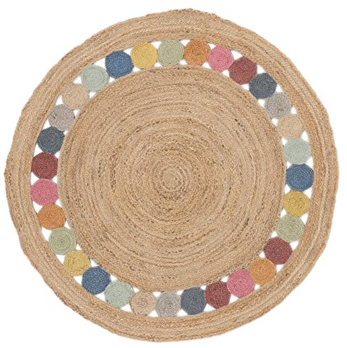 RugVista, Dottie Jute, In & Outdoor Teppich, Hochflor Teppich, Ø 150 cm, Rund, Modern, Jute, Flur, Care & FAIR, Terrasse, Wohnzimmer, Outdoorteppich, Mehrfarbig, Off White