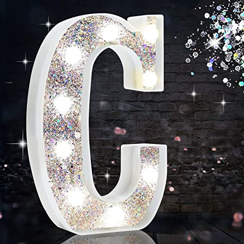 LED Marquee Letter Lights, Light Up Silver Letters for Bedroom Glitter Gifts for Teenage Girls Alphabet Letter Sign Battery Powered Night Light Birthday Party Wedding Home Decoration, Silver Letter C