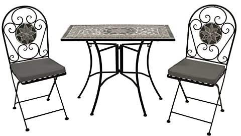 DEGAMO Balkonset Siena 3-teilig, 2X Klappstuhl und 1x Tisch 45x90cm rechteckig, Eisen schwarz mit Mosaik Dekor grau/Weiss, mit Polstern grau