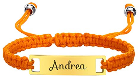 Personalised Child Name Bracelet - Handmade Braided Custom Name Bar ID Plate Bracelet for Children Toddler from Mom, Engraved Kid Name for Daughter Son, New Born Baby Birthday Gift, Orange Rope