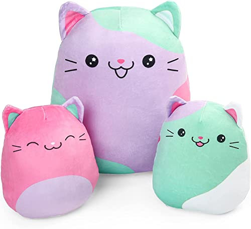 LotFancy Cojines de Gato Peluche - Juego de 3 Bonitos Animales Blandos de 12 y 7 Pulgadas - Almohadas y Juguetes para Abrazar
