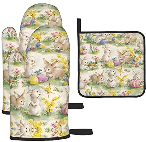 Ofenhandschuhe und Topflappen, Vintage-Set, Blumen, Hasen, Ostern, hitzebeständig, 3-teiliges Küchen-Set für Küche, Kochen, Backen, hitzebeständig