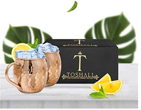 Toshali Moscow Mule Lot de 2 tasses à cocktail en cuivre martelé sans verre à shot avec doublure en acier inoxydable plaqué cuivre pur