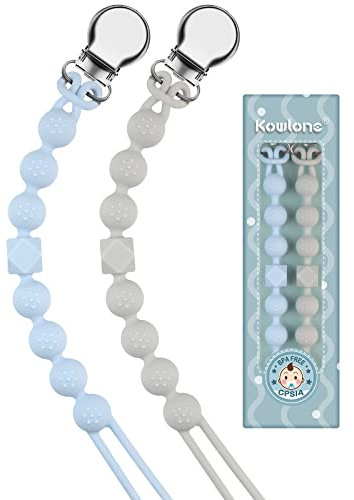 Kowlone Catenella Portaciuccio Silicone Ciuccio Clips Catena Succhietto per Ragazzi Ragazze Regalo Nascita Battesimo Baby Compleanno Natale 2 Pezzi(Blu,Grigio)
